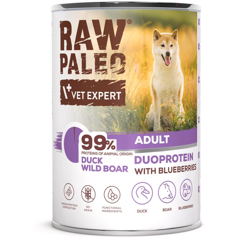 RAW PALEO DUCK&BOAR ADULT CAN - mokra karma dla psów dorosłych duoproteina kaczka z dzikiem puszka 400g