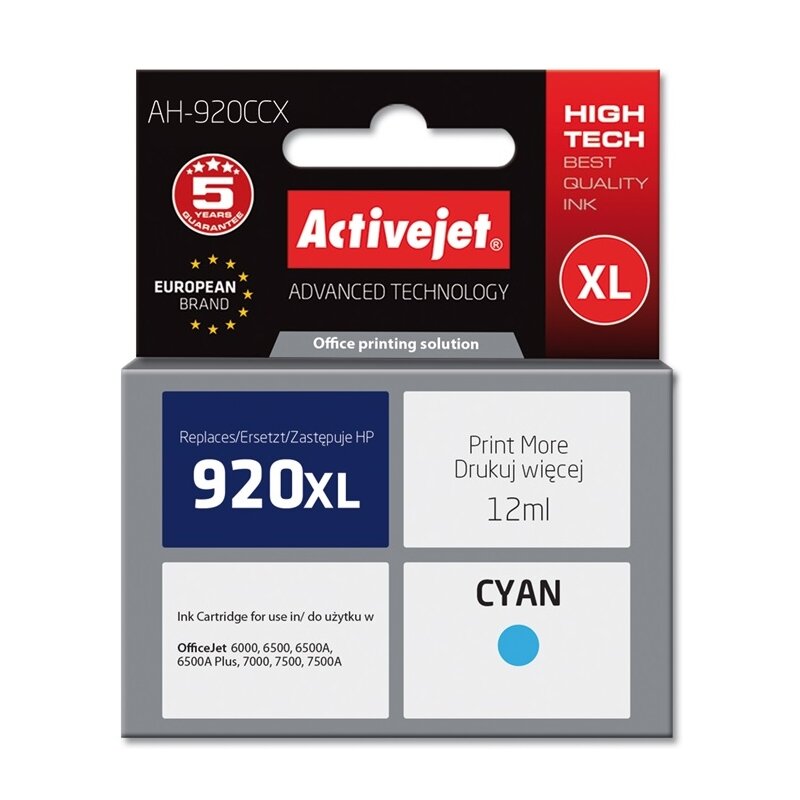 Activejet AH-920CCX Tusz do drukarki HP, Zamiennik HP 920XL CD972AE; Premium; 12 ml; błękitny.