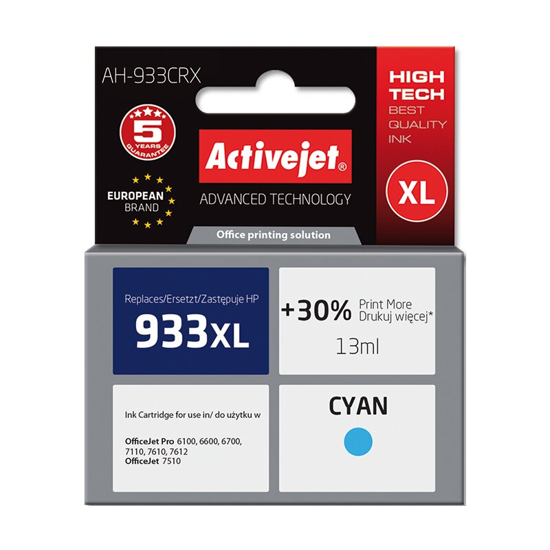 Activejet AH-933CRX Tusz do drukarki HP, Zamiennik HP 933XL CN054AE; Premium; 13 ml; błękitny. Drukuje więcej o 30%.
