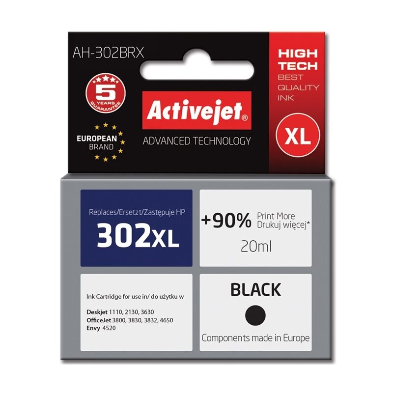 Activejet AH-302BRX Tusz do drukarki HP, Zamiennik HP 302XL F6U68AE; Premium; 20 ml; czarny. Drukuje więcej o 90%.