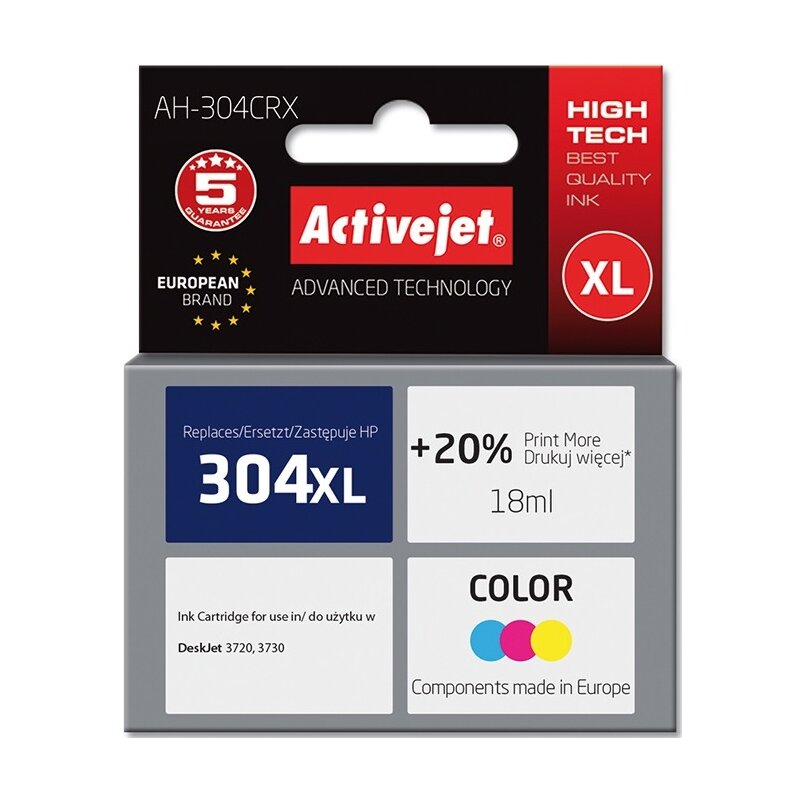 Activejet AH-304CRX Tusz do drukarki HP, Zamiennik HP 304XL N9K07AE; Premium; 18 ml; 400 stron, kolor. Drukuje więcej o 20%.