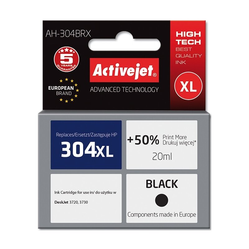 Activejet AH-304BRX Tusz do drukarki HP, Zamiennik HP 304XL N9K08AE; Premium; 20 ml; czarny. Drukuje więcej o 50%.