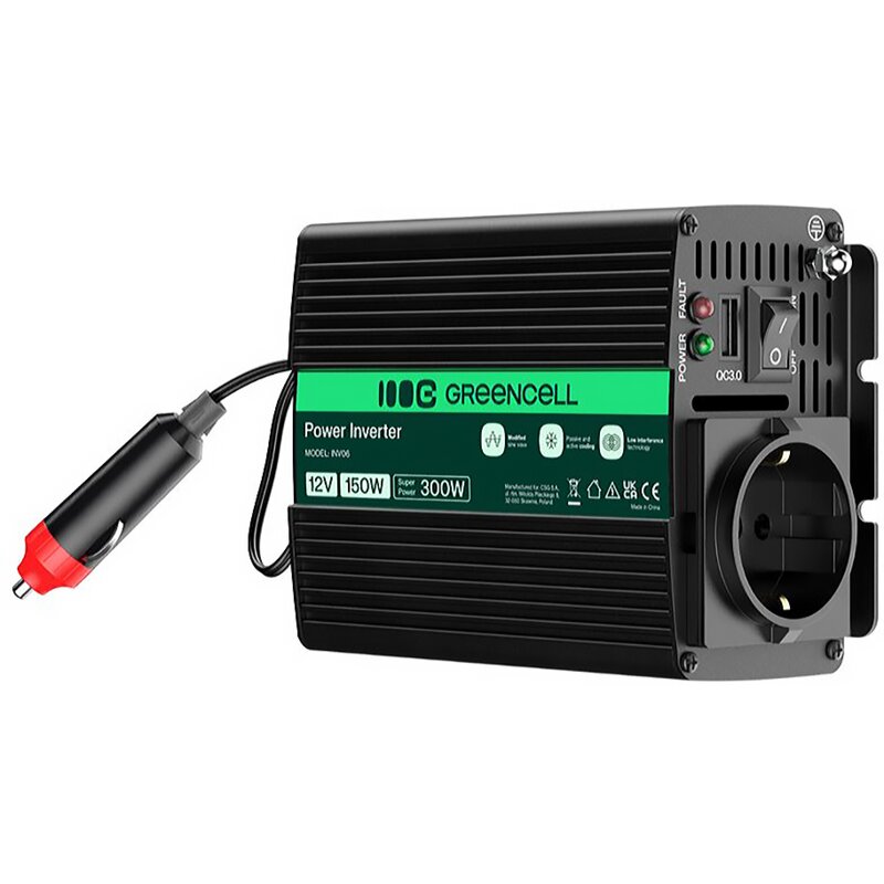 Przetwornica GREENCELL 12V na 230V 150W/300W Modyfikowana sinusoida