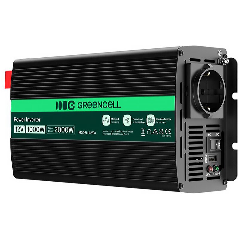 Przetwornica GREENCELL 12V na 230V 1000W/2000W Modyfikowana sinusoida