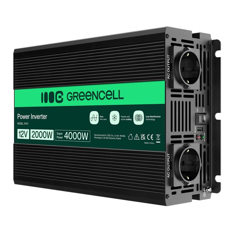 Przetwornica GREENCELL 12V na 230V 2000W/4000W Czysta sinusoida