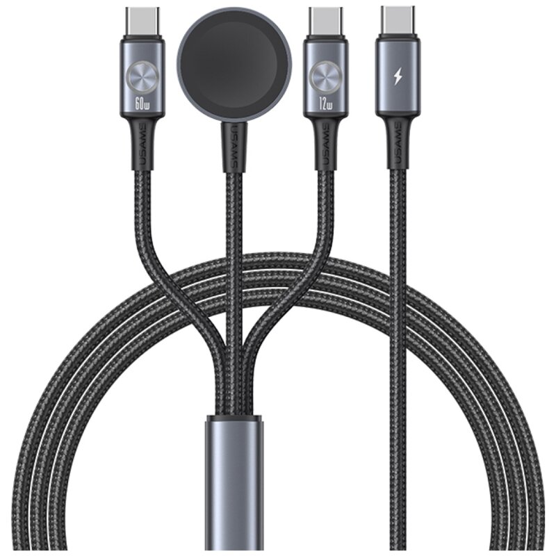 USAMS Kabel 3w1 z ładowarką indukcyjną 72W do USB-C stalowy