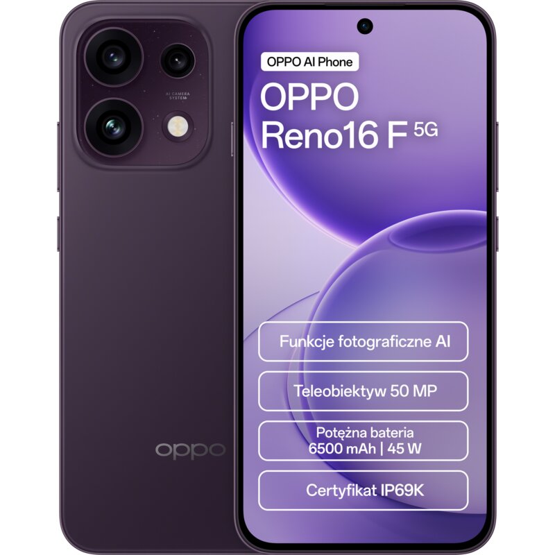 OPPO Reno16F 5G 8/256GB Funkcje AI 6,57" 120Hz 50Mpix Fioletowy
