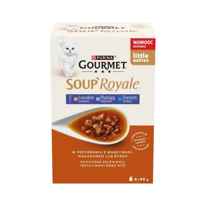 Karma dla kota PURINA Gourmet Soup Royale z Łososiem, Płastugą i Dorszem 6 x 45 g