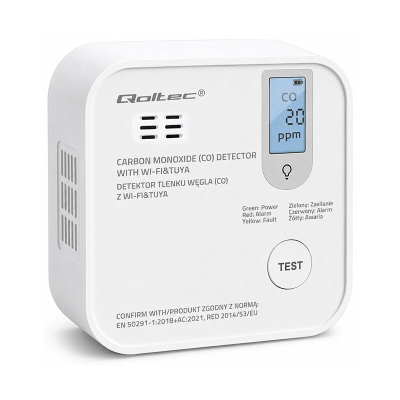 Qoltec Czujnik tlenku węgla (czadu) | detektor CO | TUYA | Wi-Fi | LED