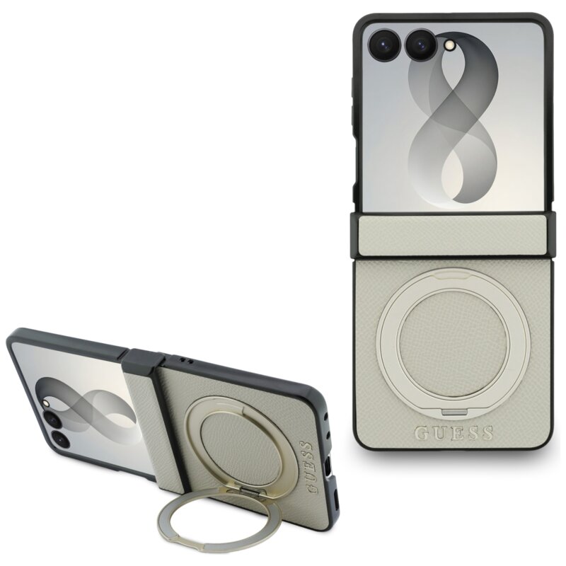 Etui GUESS Magnetic Ring Stand Grained Classic Logo MagSafe do Samsung Galaxy Z Flip 8 Beżowy