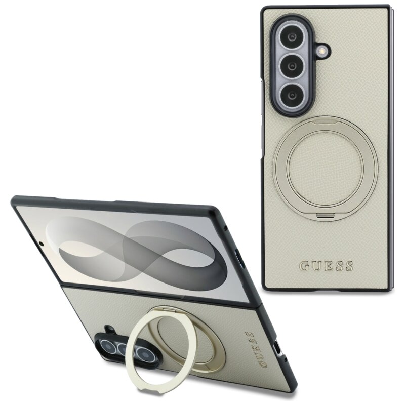 Etui GUESS Magnetic Ring Stand Grained Classic Logo MagSafe do Samsung Galaxy Z Fold 8 Ultra Beżowy