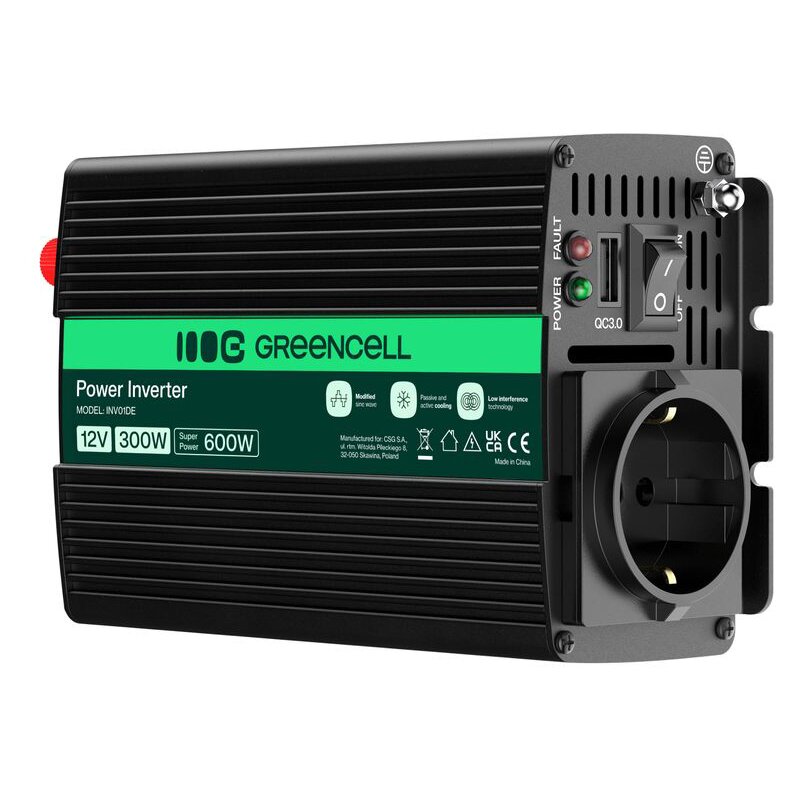 Przetwornica GREENCELL 12V na 230V 300W/600W Modyfikowana sinusoida