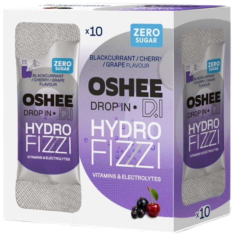 Napój dla sportowców OSHEE Drop In HydroFizzi ZERO Czarna porzeczka-wiśnia-winogrono (10 saszetek)