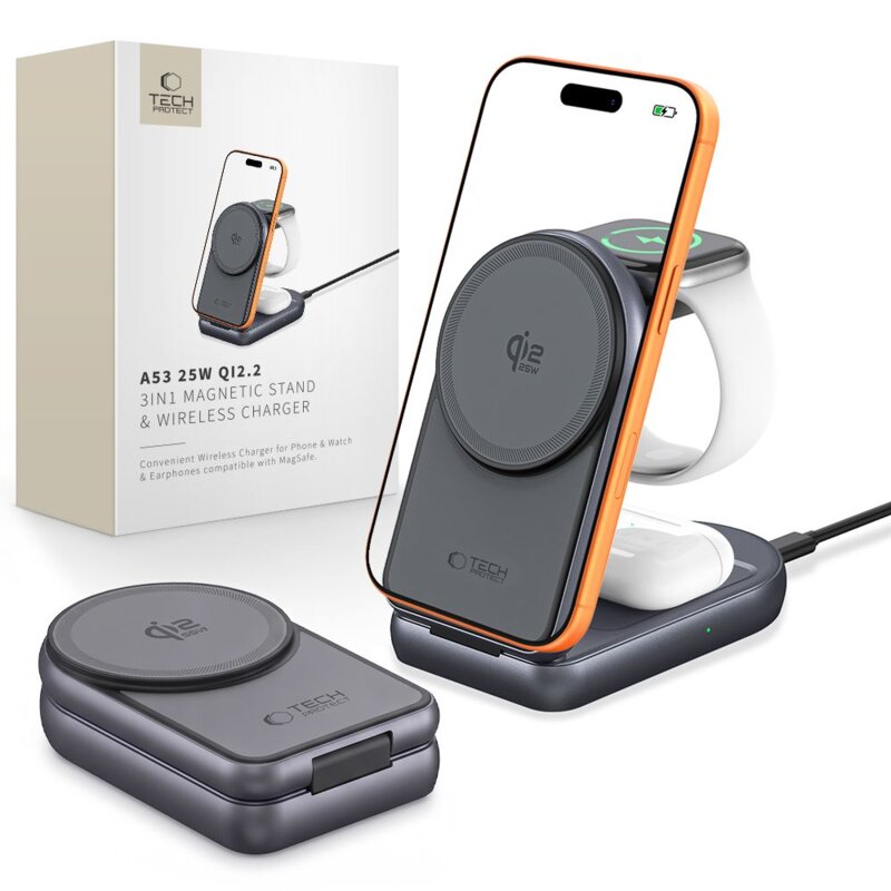 Ładowarka indukcyjna TECH-PROTECT A53 3w1 25W Magnetic Ciemnoszary