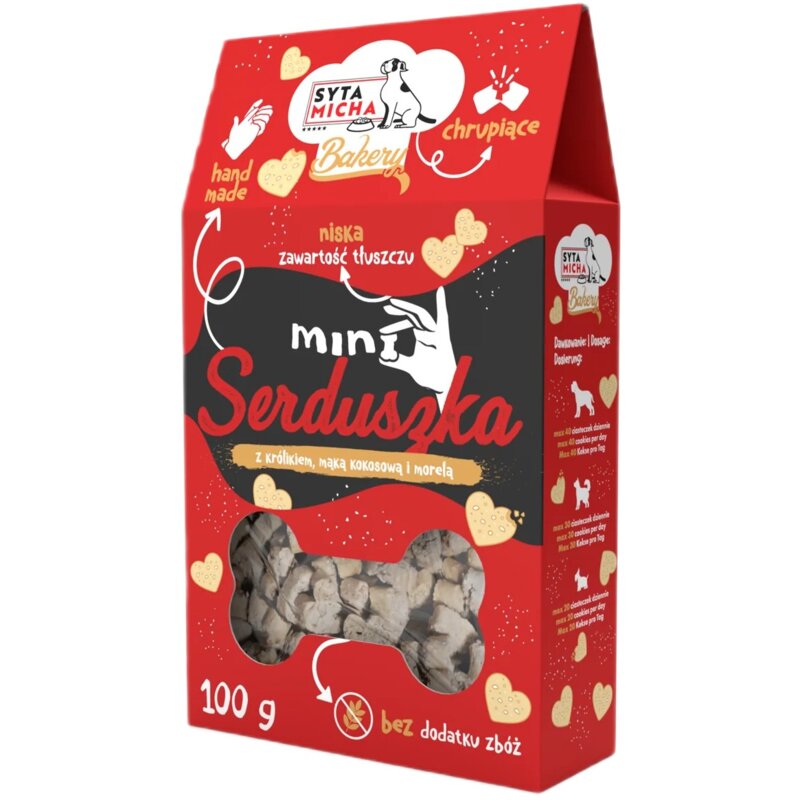Przysmak dla psa SYTA MICHA Bakery Ciastka Mini serduszka z królikiem, mąką kokosową i morelą 100 g