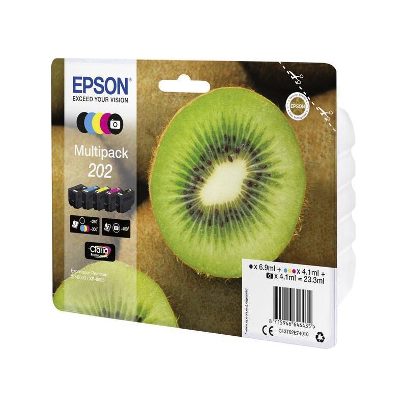 Zestaw tuszów EPSON 202 Czarny 6.9 ml, Błękitny 4.1 ml, Purpurowy 4.1 ml, Żółty 4.1 ml, Czarny fotograficzny 4.1 ml C13T02E74010