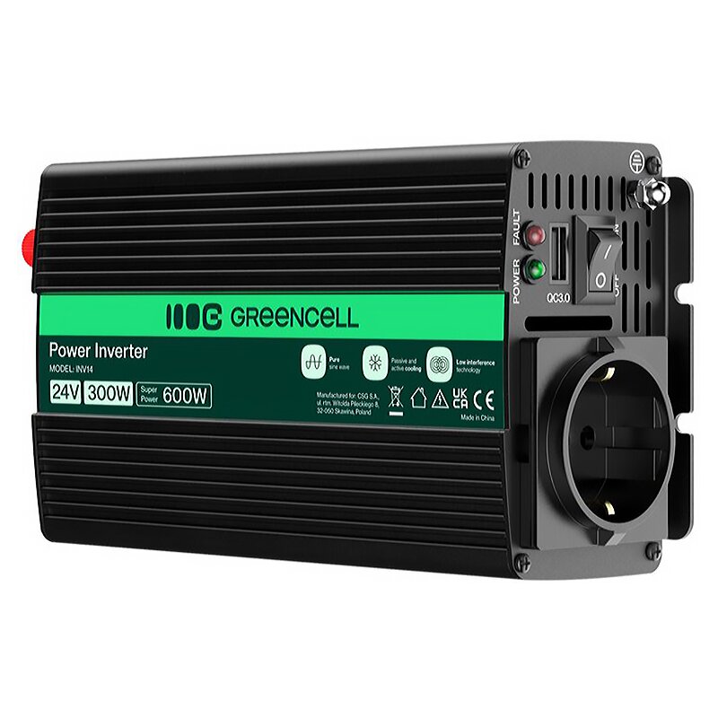 Przetwornica GREENCELL 24V na 230V 300W/600W Czysta sinusoida