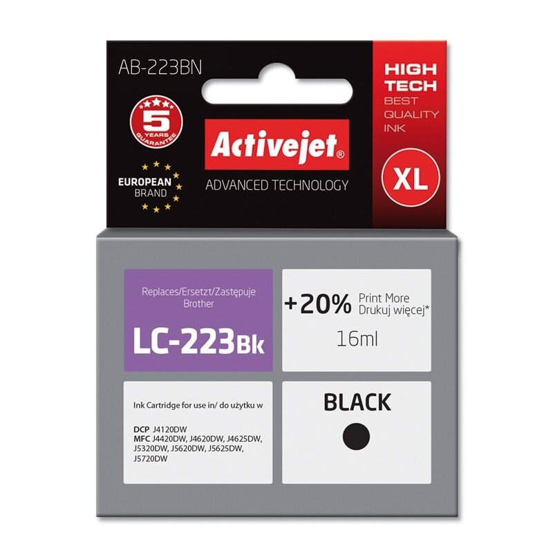 Activejet AB-223BN Tusz do drukarki Brother, Zamiennik Brother LC223BK;  Supreme;  16 ml;  czarny. Drukuje więcej o 20%.