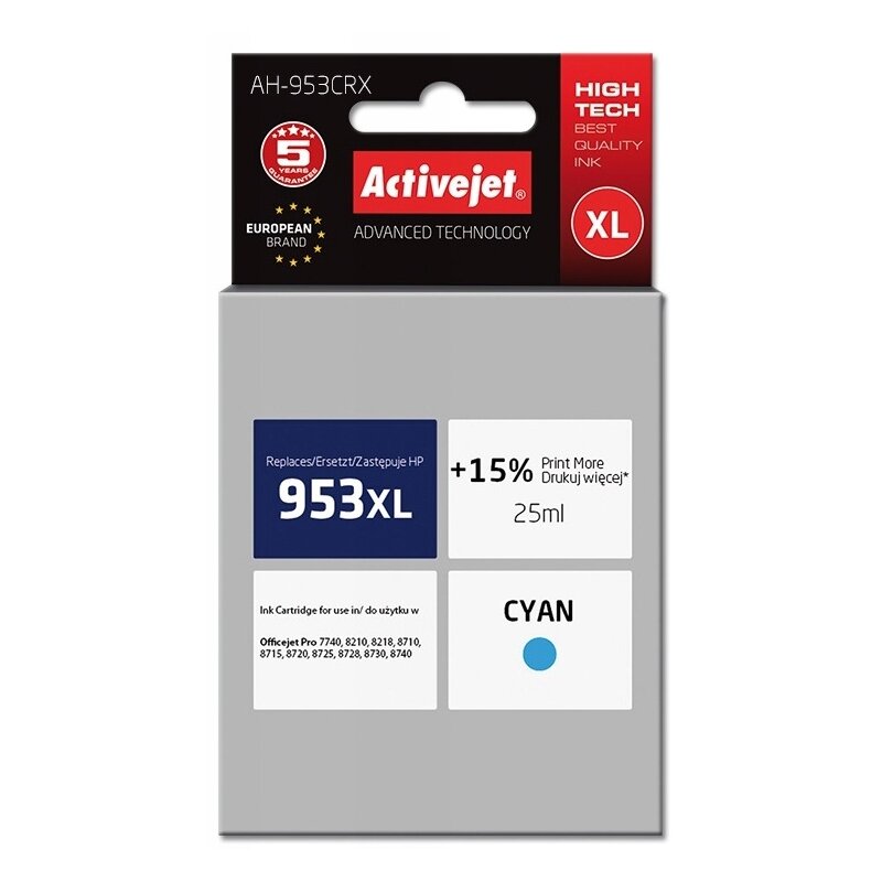 Activejet AH-953CRX Tusz do drukarki HP, Zamiennik HP 953XL F6U16AE; Premium; 25 ml; błękitny. Drukuje więcej o 15%.