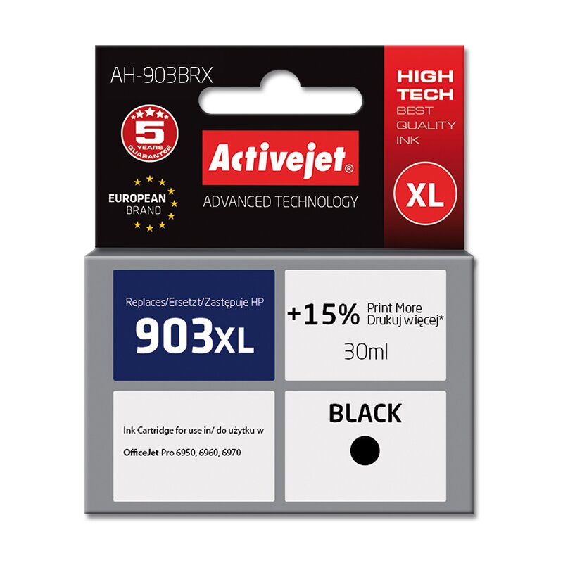 Activejet AH-903BRX Tusz do drukarki HP, Zamiennik HP 903XL T6M15AE; Premium; 30 ml; czarny. Drukuje więcej o 15%.