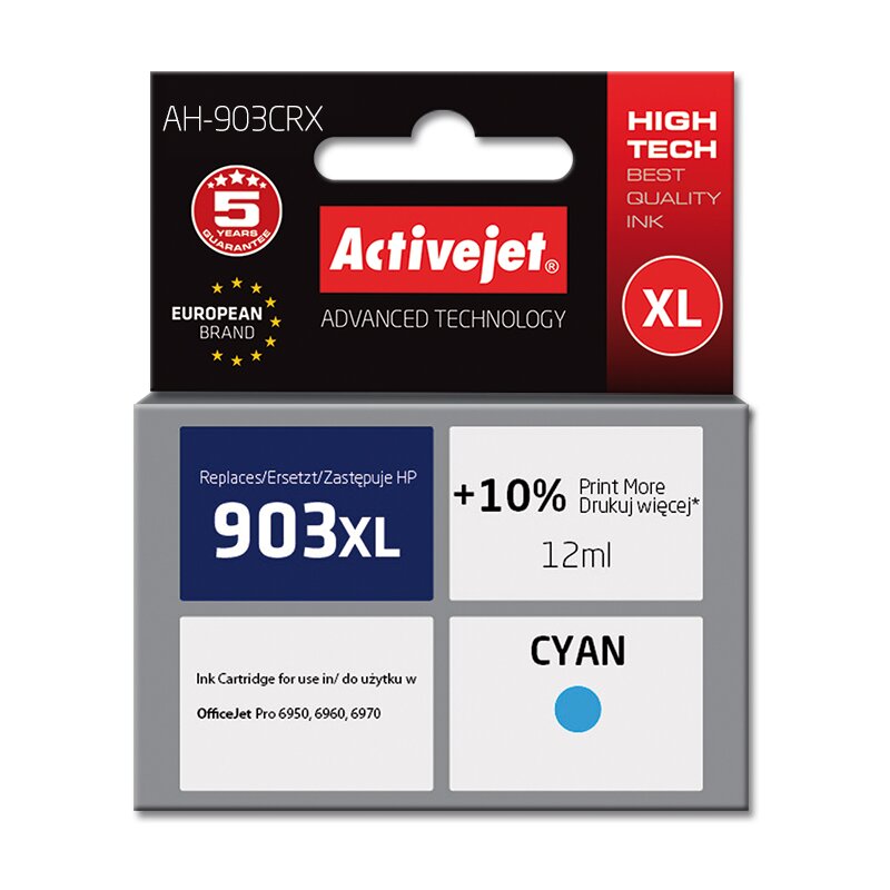 Activejet AH-903CRX Tusz do drukarki HP, Zamiennik HP 903XL T6M03AE; Premium; 12 ml; błękitny. Drukuje więcej o 10%.