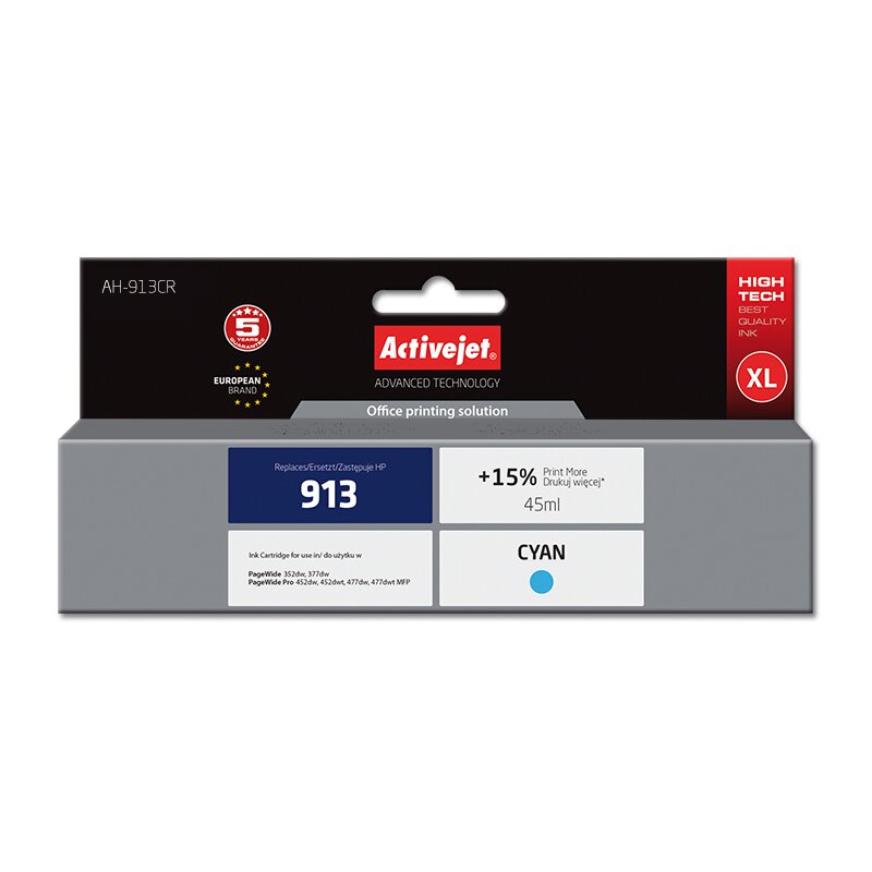Activejet AH-913CR Tusz do drukarki HP, Zamiennik HP 913 F6T77AE; Premium; 45 ml; błękitny. Drukuje więcej o 15%.