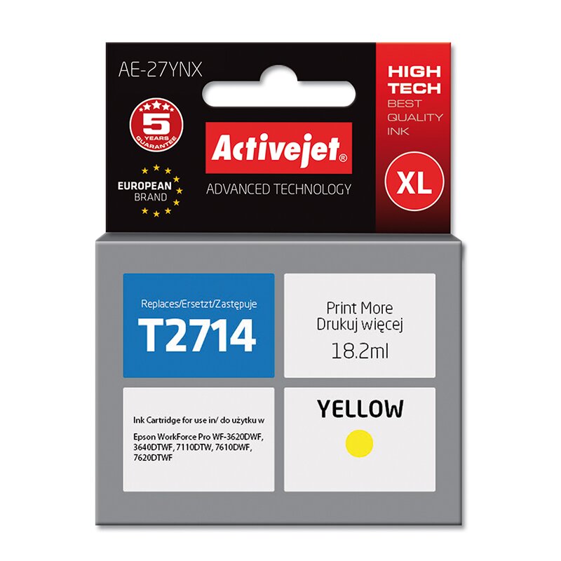 Activejet AE-27YNX Tusz do drukarki Epson, Zamiennik Epson 27XL T2714; Supreme; 18 ml; żółty.
