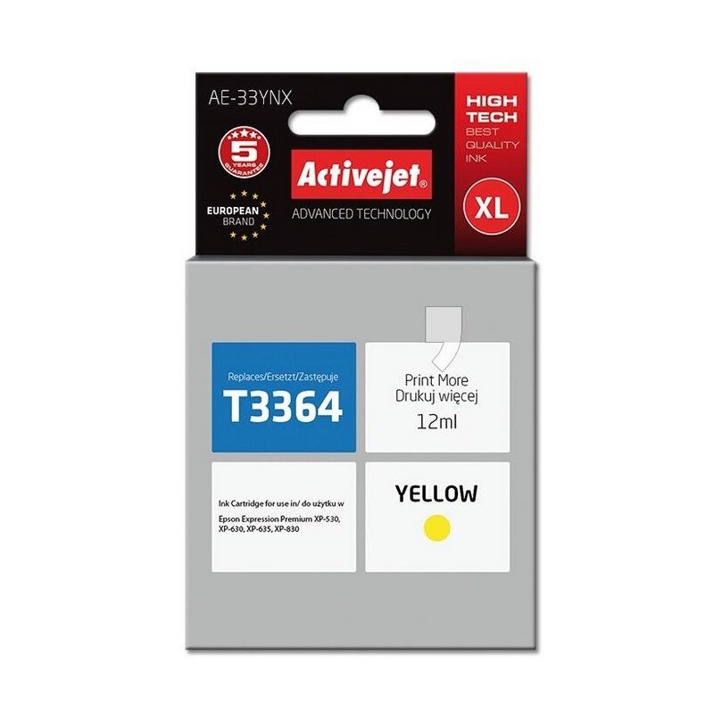 Activejet AE-33YNX Tusz do drukarki Epson, Zamiennik Epson 33XL T3364; Supreme; 12 ml; żółty.