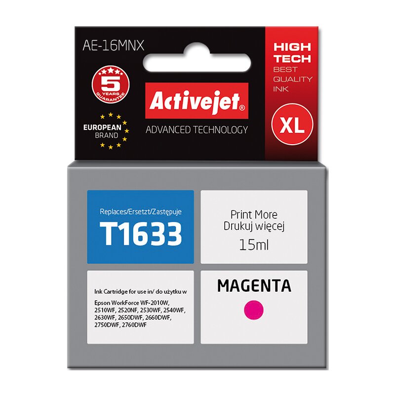 Activejet AE-16MNX Tusz do drukarki Epson, Zamiennik Epson 16XL T1633; Supreme; 15 ml; purpurowy.