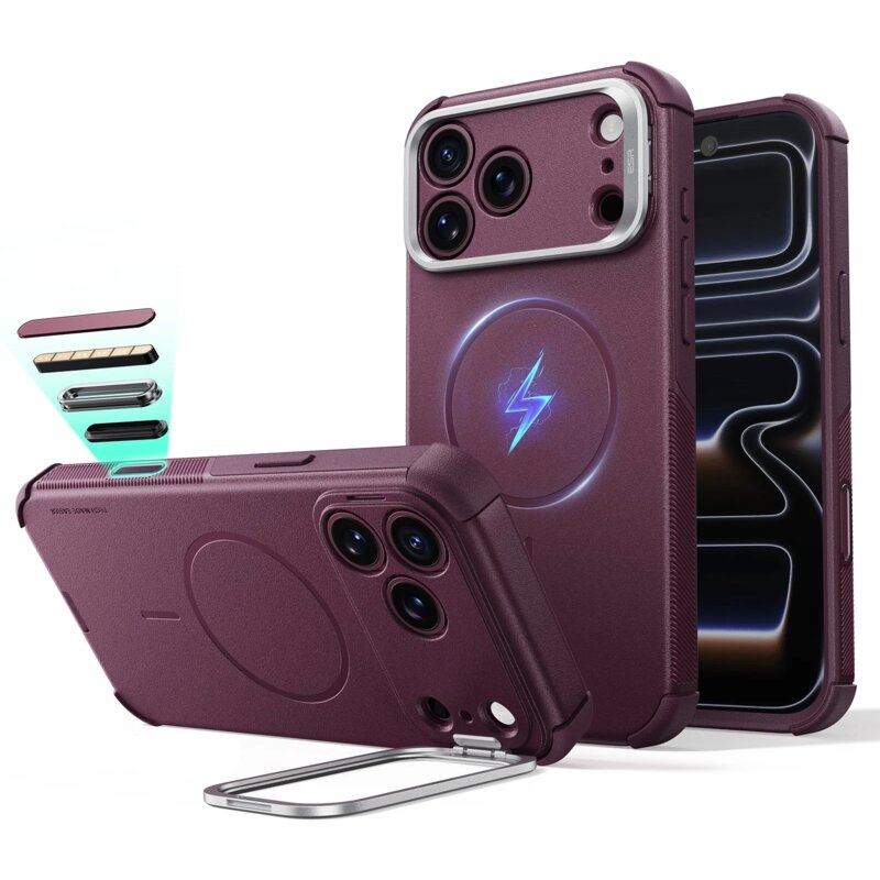 ESR Cyber Tough Kickstand Magsafe do iPhone 18 Pro / 17 Pro Burgundowy