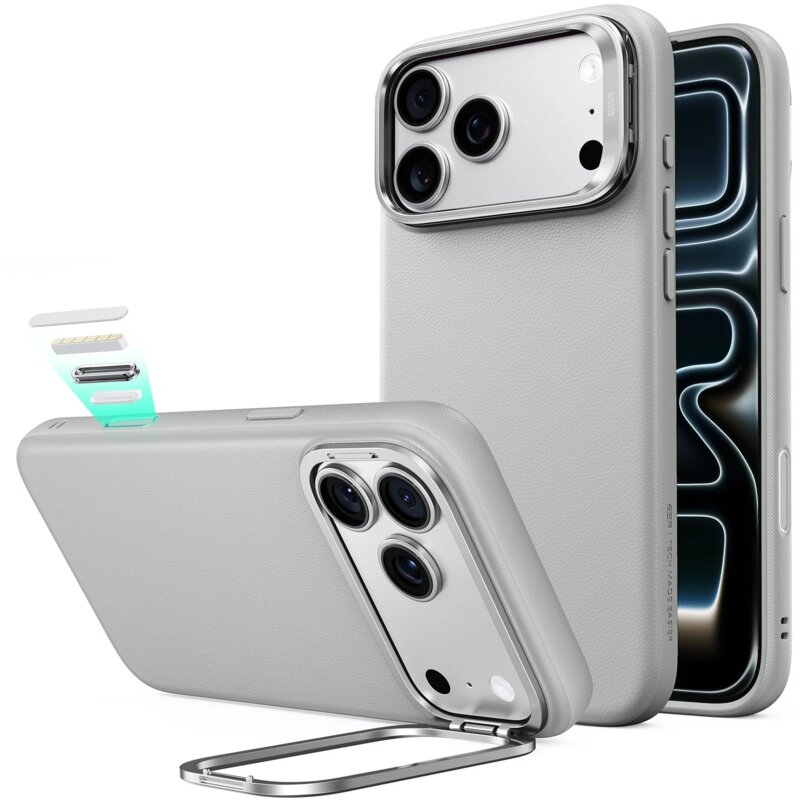 Etui ESR Leather Kickstand MagSafe do iPhone 17 Pro/18 Pro Jasnoszary