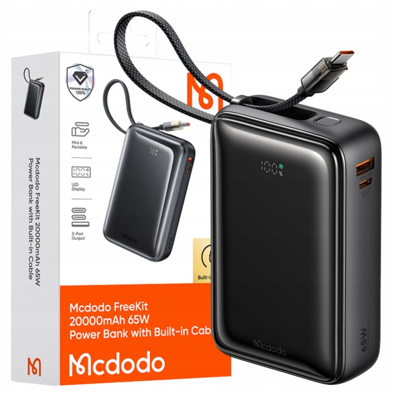 Mcdodo Powerbank 20000Mah Do Telefonu Z Wbudowanym Kablem 3 X USB-C USB-A