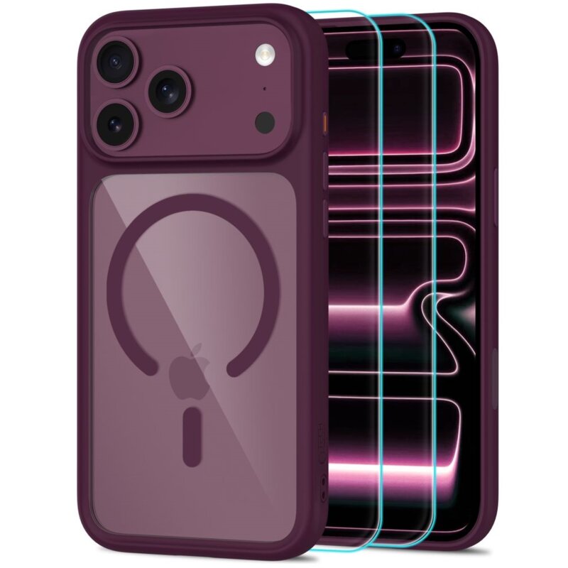 Etui TECH-PROTECT MagOne MagSafe CC do Apple iPhone 17 Pro/18 Pro Przezroczysto-wiśniowy + szkło hartowane Glass+ (2 szt.)