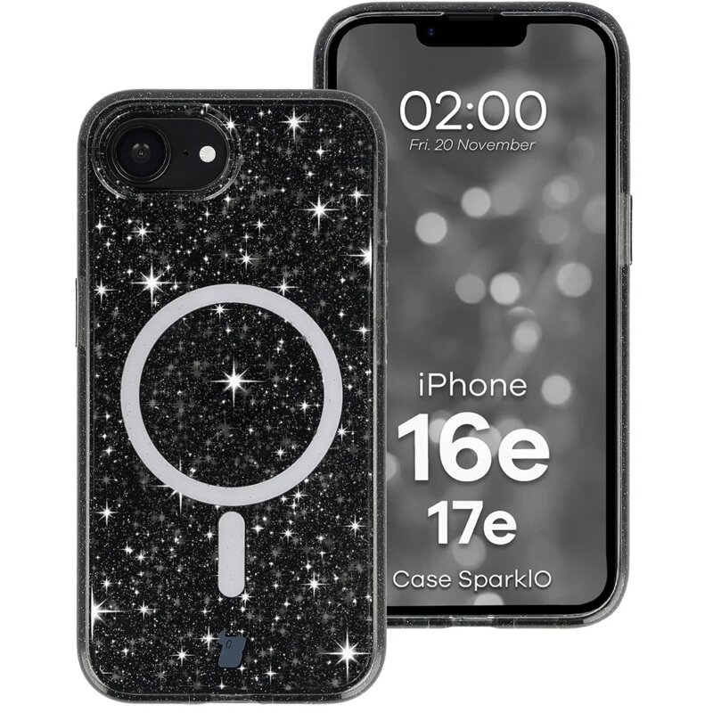 Etui BIZON Case SparklO MagSafe do Apple iPhone 17e/16e Przezroczysto-czarny