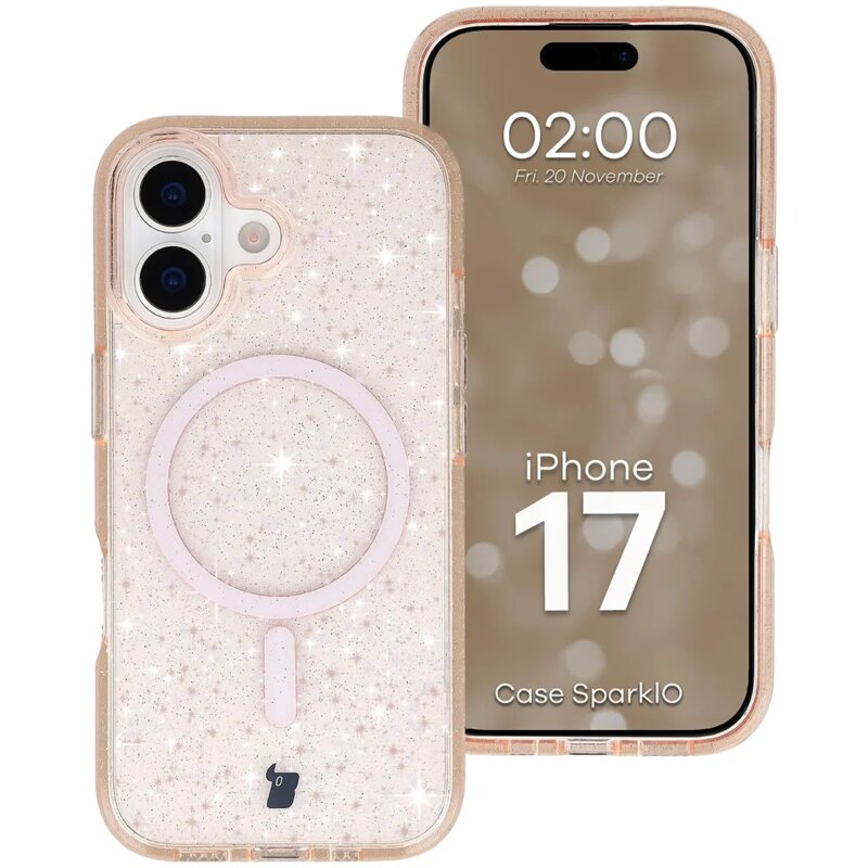 Etui BIZON Case SparklO MagSafe do Apple iPhone 17 Przezroczysto-brzoskwiniowy