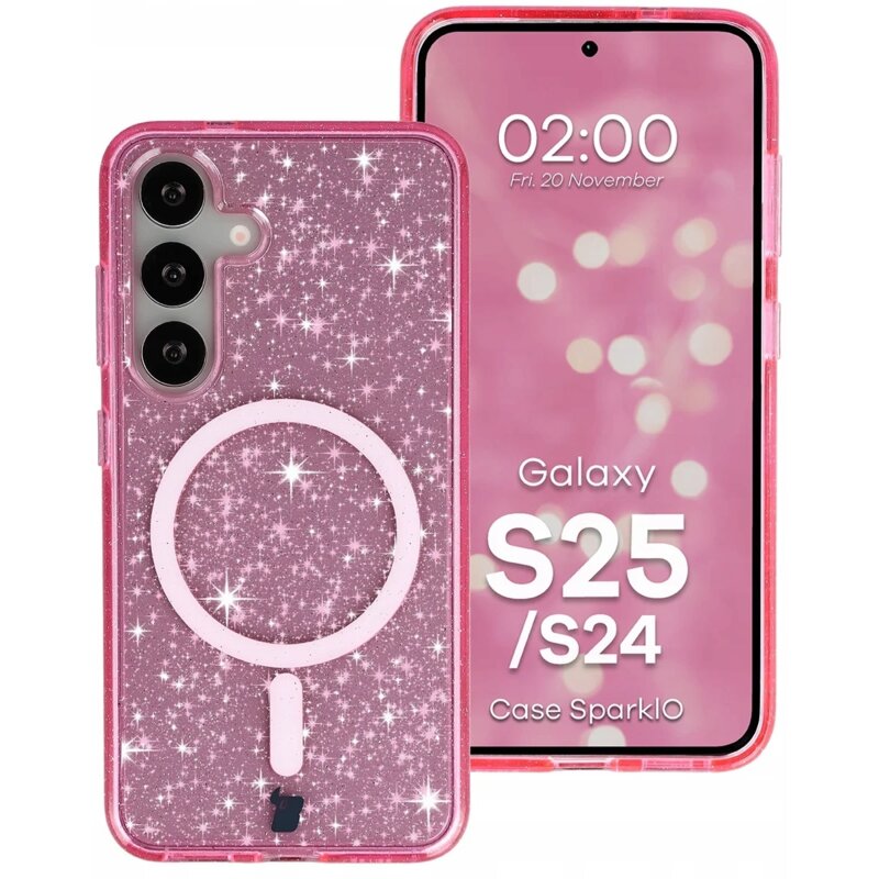 Etui BIZON SparklO MagSafe do Samsung Galaxy S24/Galaxy S25 Przezroczysto-różowy