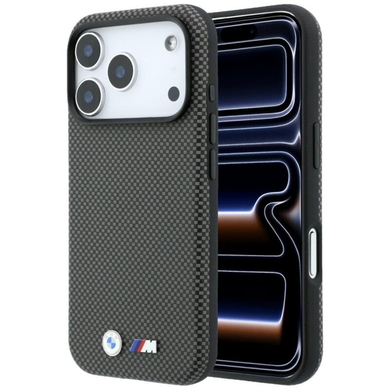 Etui BMW M Quadrille Kevlar Metal Logo MagSafe do Apple iPhone 17 Pro/18 Pro Szary