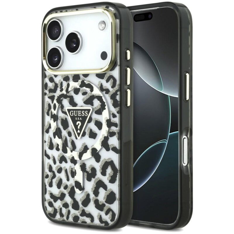 Etui GUESS IML Leopard Glitter Triangle Logo MagSafe do Apple iPhone 17 Pro/18 Pro Czarny