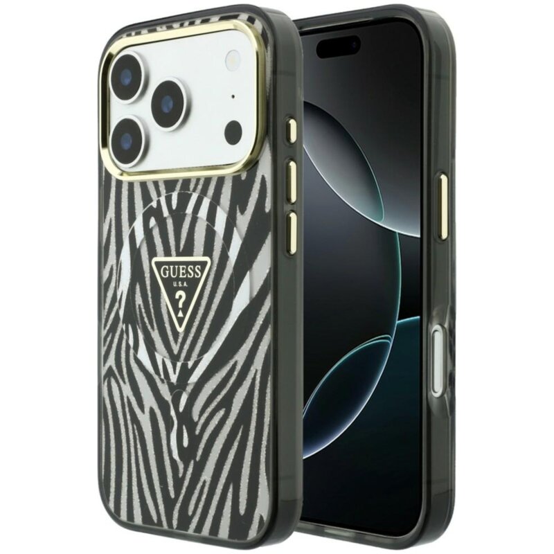 Etui GUESS IML Zebra Glitter Triangle Logo MagSafe do Apple iPhone 17 Pro Max/18 Pro Max Srebrny