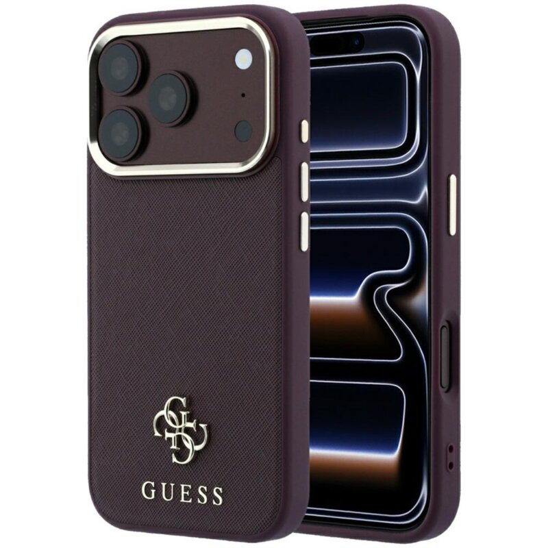 Etui GUESS Saffiano Small 4G & Classic Logo MagSafe do Apple iPhone 17 Pro/18 Pro Burgundowy