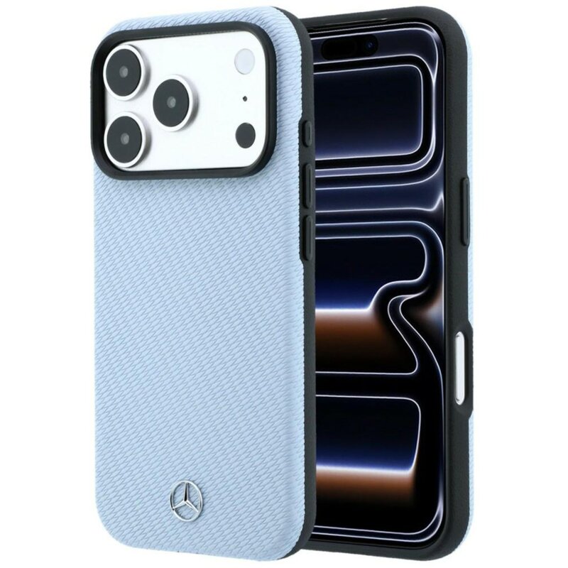 Etui MERCEDES Leather Semi Wrap Wood Effect MagSafe do Apple iPhone 17 Pro/18 Pro Niebieski