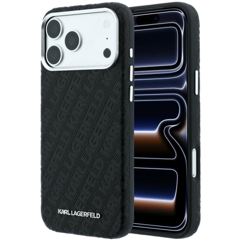 Etui KARL LAGERFELD Grained Allover Logo Metal Elongated MagSafe do Apple iPhone 17 Pro Max/18 Pro Max Czarny