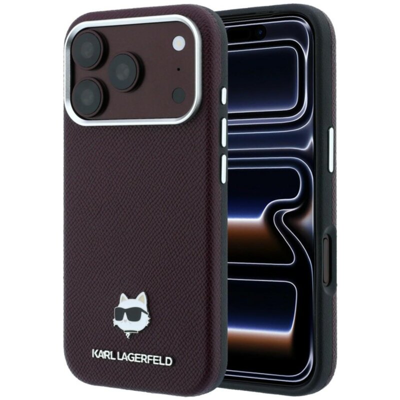 Etui KARL LAGERFELD Grained Choupette Head Metal MagSafe do Apple iPhone 17 Pro/18 Pro Burgundowy