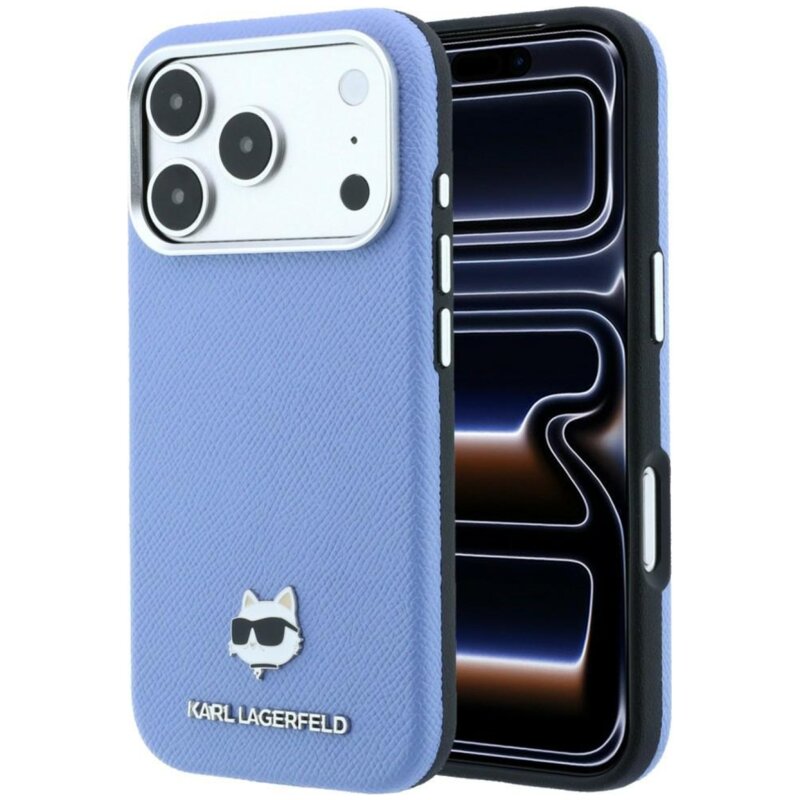 Etui KARL LAGERFELD Grained Choupette Head Metal MagSafe do Apple iPhone 17 Pro/18 Pro Jasnoniebieski