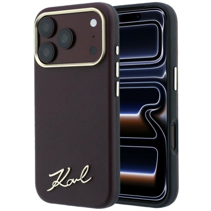 Etui KARL LAGERFELD Saffiano Small Script Metal Logo MagSafe do Apple iPhone 17 Pro/18 Pro Burgundowy