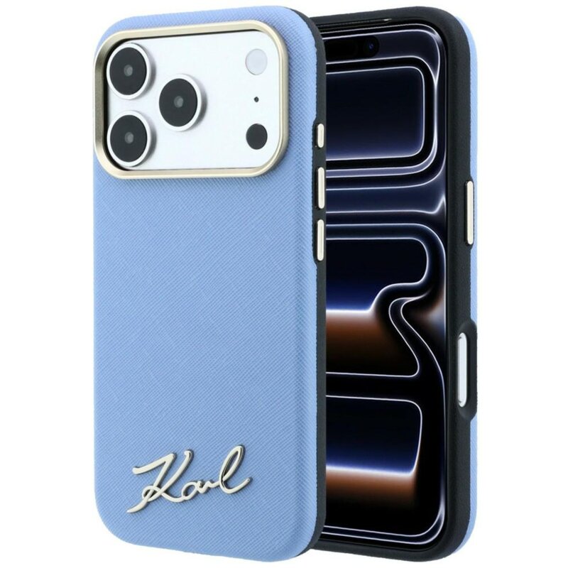 Etui KARL LAGERFELD Saffiano Small Script Metal Logo MagSafe do Apple iPhone 17 Pro/18 Pro Jasnoniebieski