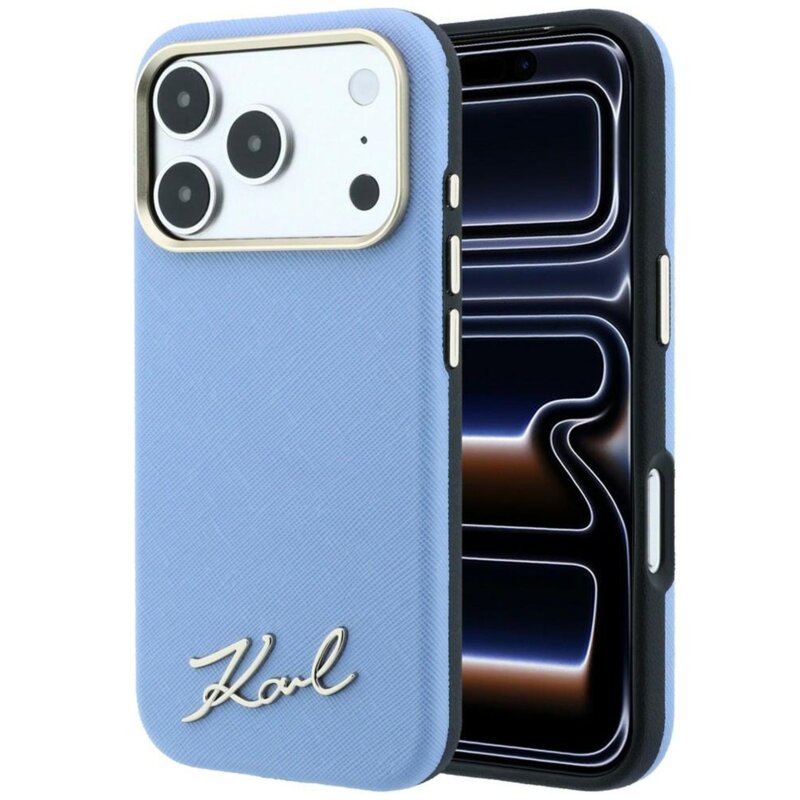 Etui KARL LAGERFELD Saffiano Small Script Metal Logo MagSafe do Apple iPhone 17 Pro Max/18 Pro Max Jasnoniebieski