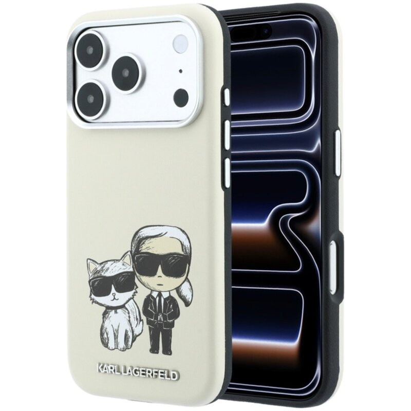 Etui KARL LAGERFELD Smooth Karl & Choupette Bodies Sketch MagSafe do Apple iPhone 17 Pro/18 Pro Beżowy