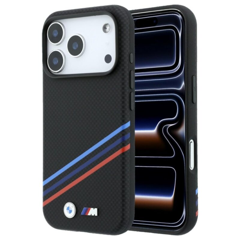 Etui BMW M Quadrille Kevlar Print Tricolor Lines & Metal Logo MagSafe do Apple iPhone 17 Pro Max/18 Pro Max Czarny