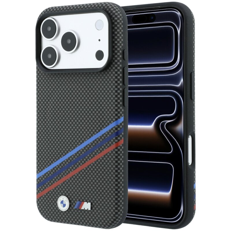 Etui BMW M Quadrille Kevlar Print Tricolor Lines & Metal Logo MagSafe do Apple iPhone 17 Pro Max/18 Pro Max Antracyt